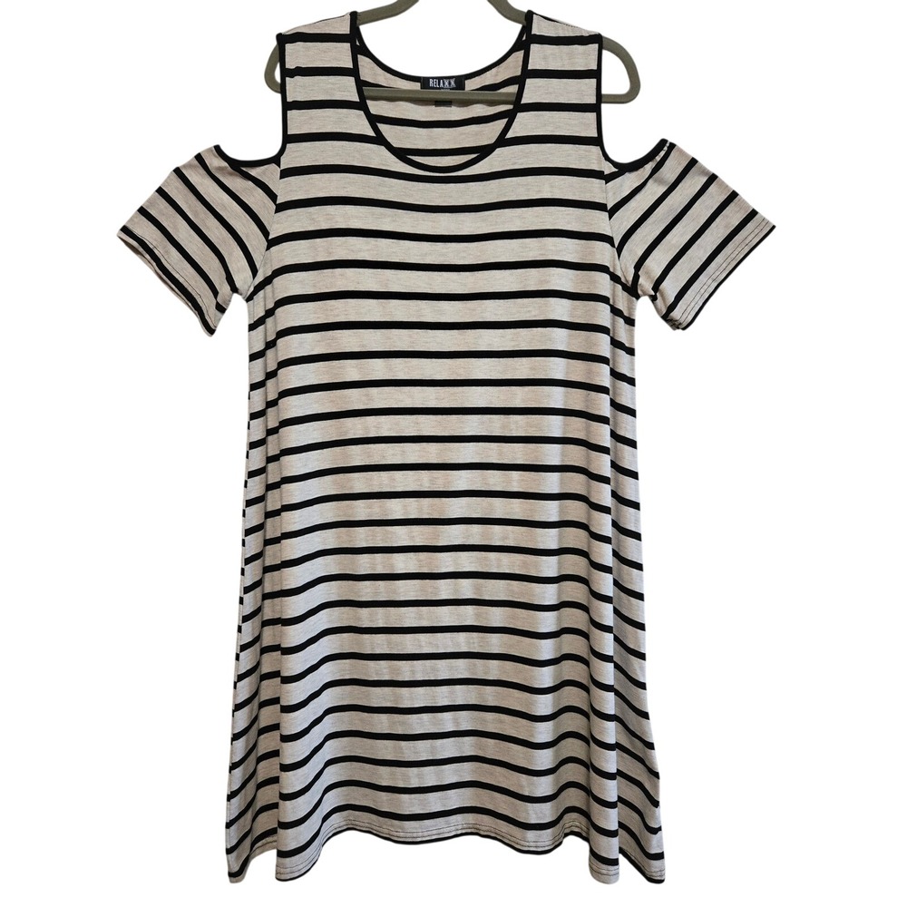 Indie Cold Shoulder Striped Knit Dress, Relaxx by Exist Womens 2X  Black Oatmeal